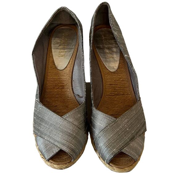 Lauren Ralph Lauren Silver Silk Crisscross Peep Toe Espadrille Cecilia Wedges 8 - Picture 3 of 6